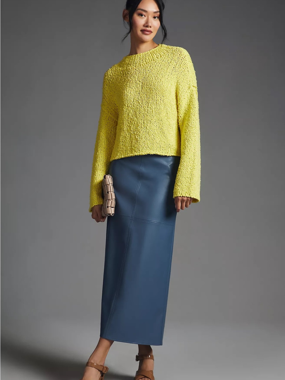 By Anthropologie Cropped Mock Neck Chunky Knit Sweater Yellow XL